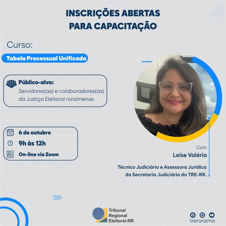 Capacitação Tabela Processual Unificada Card do TRE-RR com fundo claro. Na parte superior, em letras grandes: “Inscrições abertas para c...
