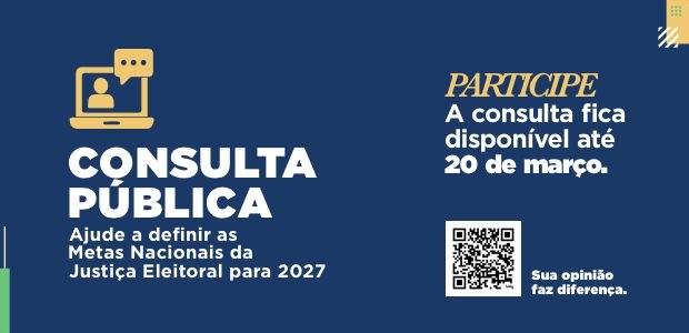 Um banner em fundo azul escuro divulga uma Consulta Pública da Justiça Eleitoral. À esquerda, há...