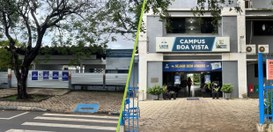Montagem com duas fotos da entrada do Campus Boa Vista da UERR. À esquerda, fachada vista da rua...