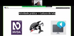 A imagem mostra uma captura de tela de uma videoconferência sobre acessibilidade digital. Na par...