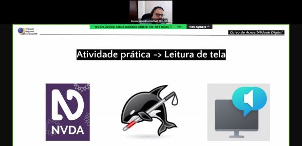 A imagem mostra uma captura de tela de uma videoconferência sobre acessibilidade digital. Na par...