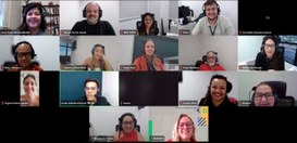 Captura de tela de uma reunião virtual em formato de grade, com cerca de 15 participantes. A mai...
