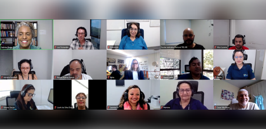 imagem de uma tela de reunião on-line em formato de grade. Há cerca de quinze janelas retangular...