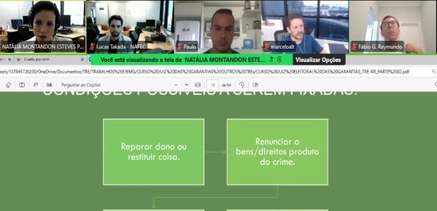 A imagem mostra uma reunião virtual realizada por videoconferência. Na parte superior, aparecem ...