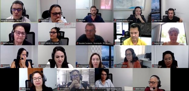 TRE-RR - capacitação sobre proteção de dados no uso do SEI A imagem mostra a tela de uma reunião virtual com várias pessoas em formato de grade. Cada parti...