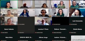 Captura de tela de uma reunião on-line em formato de grade, com vários participantes em janelas ...