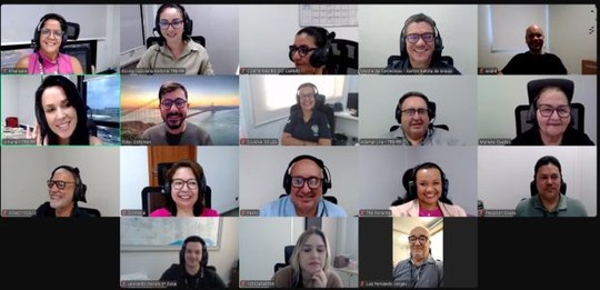 Mosaico de uma reunião online com várias pessoas em formato de grade, totalizando dezesseis part...