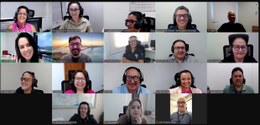 Mosaico de uma reunião online com várias pessoas em formato de grade, totalizando dezesseis part...