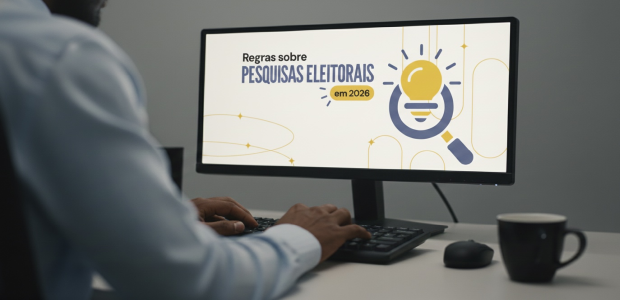 Pessoa sentada em frente a um computador, digitando no teclado. Na tela do monitor aparece o tex...