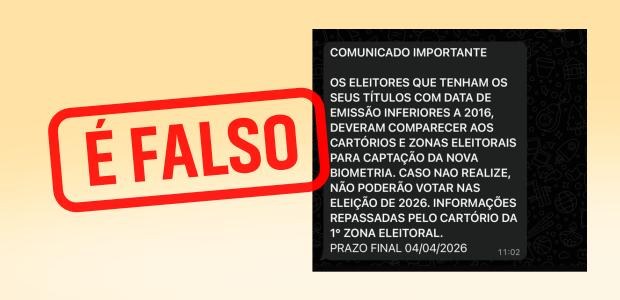 Imagem com fundo claro. À esquerda, um carimbo grande em vermelho com a frase “É FALSO”. À direi...