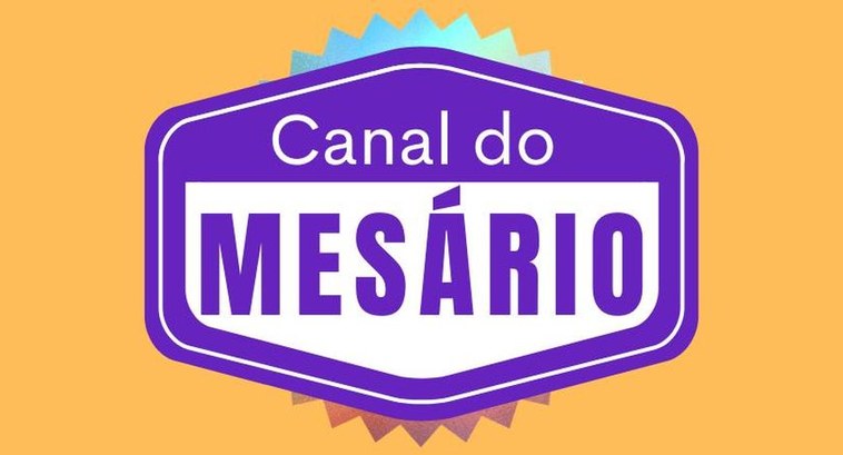 Retângulo amarelo com um losângulo ao centro e o texto: Canal do Mesário nas cores lilás e branco