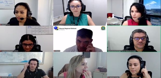 TRE-RR- Palestra voto Facultativo e Cidadania para 70+ A imagem mostra uma reunião virtual com nove participantes do TRE-RR, todos usando fones de ouvi...