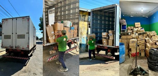Montagem com quatro imagens mostrando o descarte sustentável de materiais. Nas duas primeiras, u...