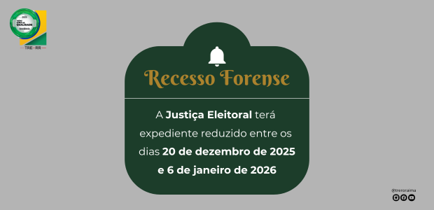 A imagem tem fundo cinza e apresenta um aviso institucional sobre recesso forense. No canto supe...