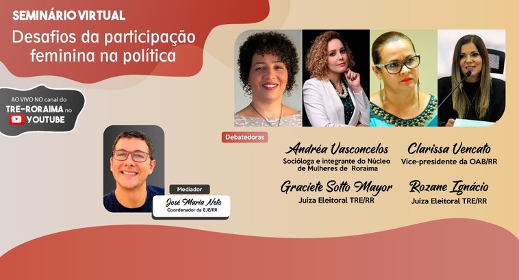TRE-RR - Seminário participação feminina na política Banner com cinco fotos dos participantes do seminário