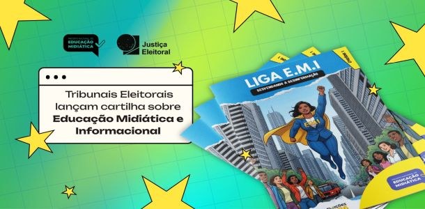 A imagem mostra capas coloridas de uma cartilha chamada “Liga E.M.I – Educação Midiática e Infor...