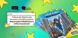 A imagem mostra capas coloridas de uma cartilha chamada “Liga E.M.I – Educação Midiática e Infor...