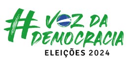 Logotipo com texto em verde #VozDaDemocracia, no qual a letra O representa de forma estilizada o...