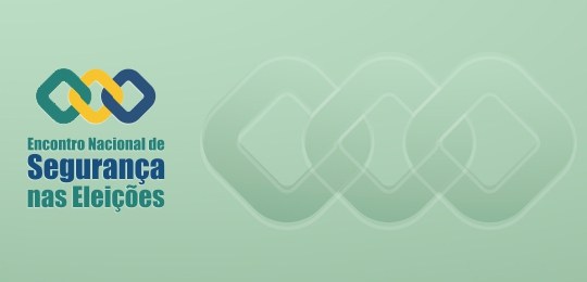 Encontro Nacional de Segurança nas Eleições Fundo verde claro. No canto esquerdo, logo do evento, nas cores verde, amarelo e azul, com a ins...
