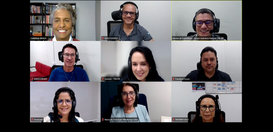 A imagem mostra uma videoconferência com oito pessoas distribuídas em uma grade de tela. Todas e...