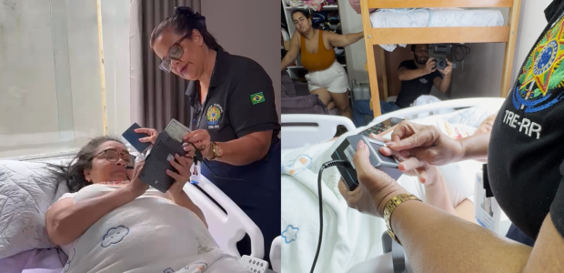 Na foto da esquerda, uma mulher idosa está deitada em uma cama, com cobertor branco e almofada. ...