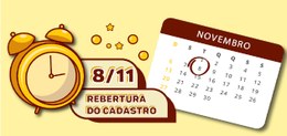 Imagem mostra um relógio despertador com o texto 8/11, reabertura do Cadastro Eleitoral e um cal...