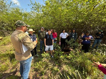 Grupo de pessoas caminha por uma trilha cercada de vegetação, em área sombreada por árvores. Tod...